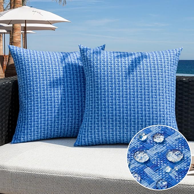 Kevin Textile Outdoor Waterproof Throw Pillow Covers Pack of 2 Weaving Texture Water Resistant Outside Decorative Cushion Covers for Garden Patio Tent Balcony Bench Couch Sofa 18x18 Inch, Blue