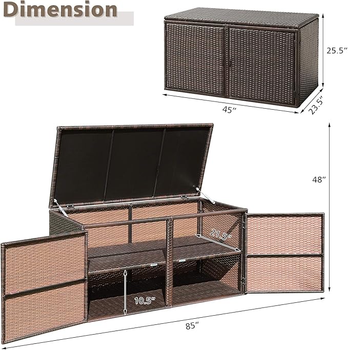 RELAX4LIFE PE Wicker Storage Box - Outdoor 88 Gallon 2-Tier Deck Box for Patio Furniture Toys Storage w/Lid & Front Doors, All Weather Rattan Storage Bin for Backyard Garden Poolside Porch (Brown)