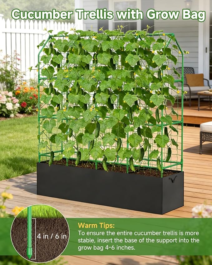 Cucumber Trellis with Grow Bag for Raised Bed, A-Shape Garden Trellis for Climbing Plants Outdoor, Metal Plant Trellis with Garden Netting for Flower Vegetables, Pea, Grape (67x17.7‌x65‌in)