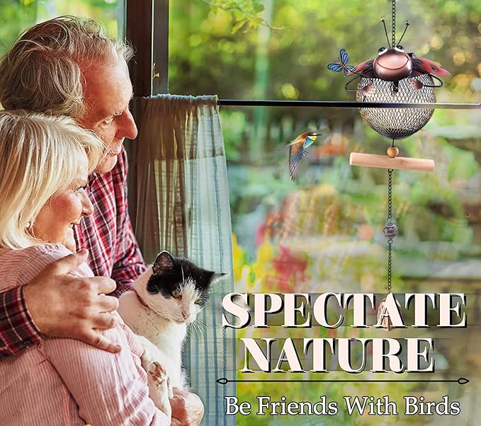 Solar Ladybug Wild Bird Feeders Squirrel Proof for Outside - Unique Cute Metal Ladybug Bird Feeder with Solar Light, Wind Chime, Gift for Bird Lovers(Ladybug)