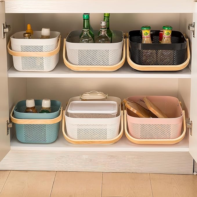 3pcs Collapsible Wooden Handle Plastic Harvest Basket - Rectangular Garden Storage Basket for Picking and Collecting Vegetables, Fruits - Ideal for Garden Cabinets & Outdoor Use(Blue)