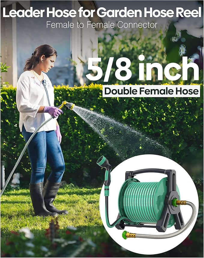 Short Metal Garden Hose 10ft with Female to Female Connector， Stainless Steel Small Leader Hose for Hose Reel, Long, Flexible, Lightweight & Heavy Duty Water Pipe, Outdoor Water Hose Extension Adapter