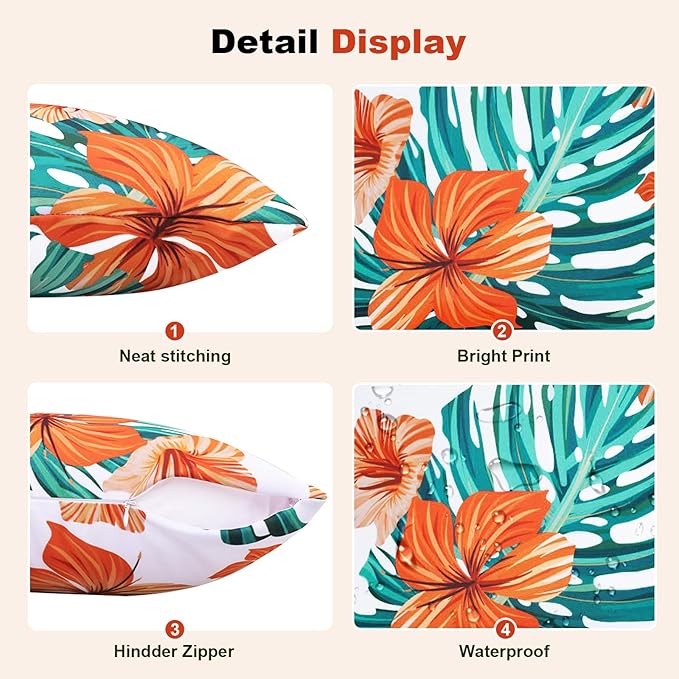 SquarePie Pack of 2 Outdoor Pillow Covers, Waterproof Decorative Throw Pillowcase Shell, Garden Cushion Shams Cases for Spring Patio Couch Balcony Bench,18x18 inch Palm Leaf Orange Flowers