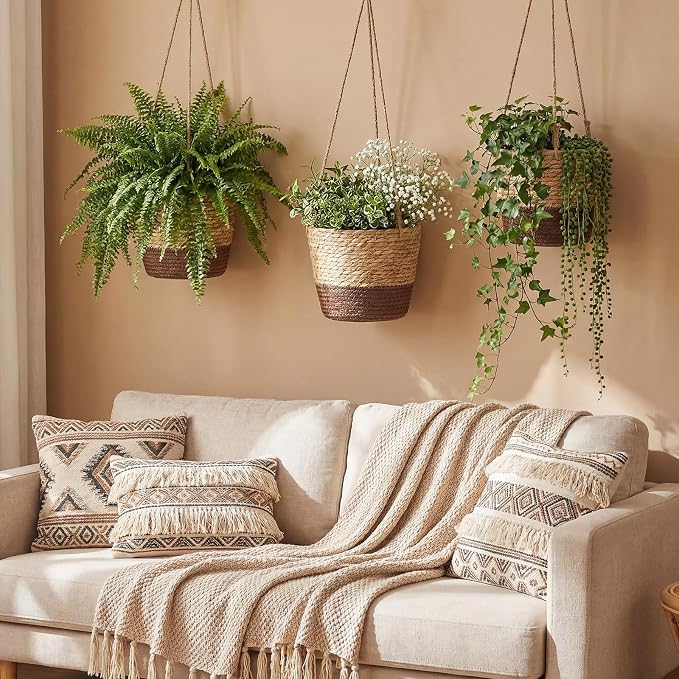 6 Pcs Seagrass Hanging Planter Basket Hand Woven Plant Basket with Plastic Liners Hanging Plant Holder Storage Containers with Cotton Rope for Indoor Garden Decor (Small,Brown,Coffee Brown)