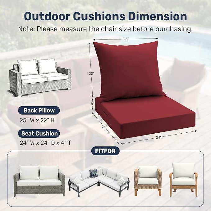 UNIKOME Outdoor Seat Cushions 24 X 24 Inch - Water-Resistant & Fade Resistant, Removable Cover Patio Furniture Cushions for Chair, Sofa, Couch, Wicker, Wine Red
