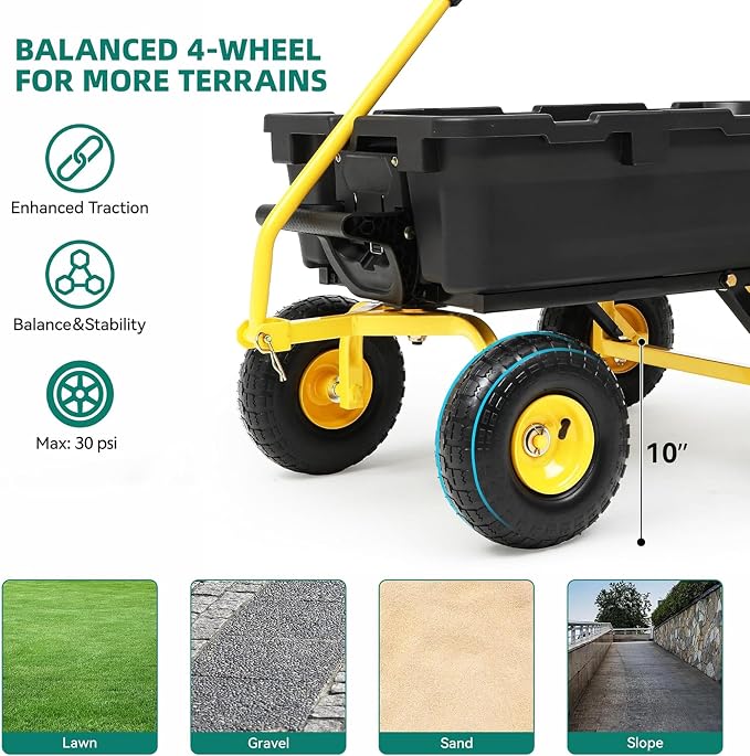 Garden Dump Cart 900Lbs, 2026 Upgraded Heavy Duty Wheelbarrow Dump Wagon with 10" Non-Slip Pneumatic Tires & Quick-Release Dumping, 4-Wheel Steel Frame Utility Carts for Yard,Farm and Garden