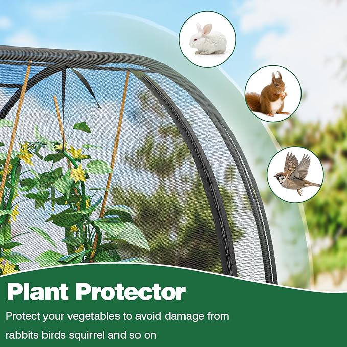 98x49x49in Garden Plant Netting Mesh Cover for Raised Bed, Crop Cage with Roll-up Zipper Door, Plant Protectors from Animals, Large Tunnel Gardening Net for Vegetables Fruits Tomato, Black