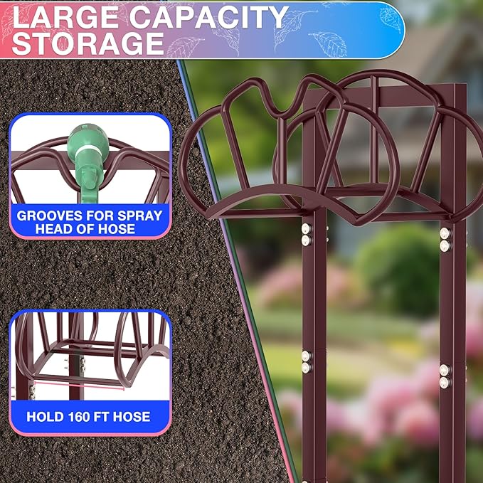 Qatsrin New Garden Hose Holder, Super Stable Water Hose Holders Stand Holds 160-Feet Hose, Rustproof Freestanding Hose Storage Hanger Rack for Outside Yard Lawn Farm, Bronze