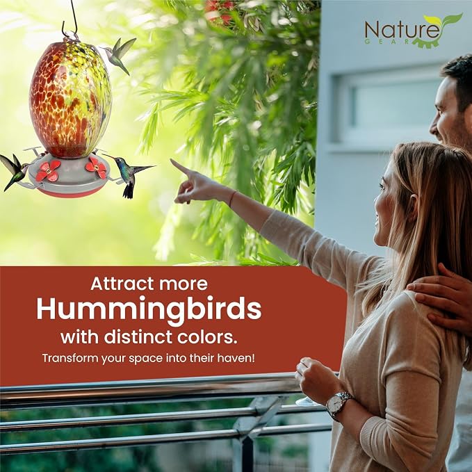 Nature Gear Glass Hummingbird Feeder for Outdoors, Hanging Bird Feeder with Ant Moat, Hand-Blown Glass Garden Feeder, Easy Clean Wide Mouth, Rust Resistant, 38 oz, Volcano Red