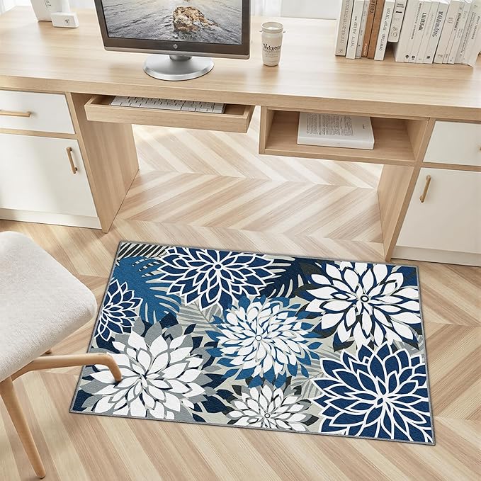 Arenarug 2x3 Washable Small Rug Tropical Botanical Modern Floral Indoor Chenille Door Mat Carpet Non Slip for Patio, Entry Way, Entrance, Porch, Blue