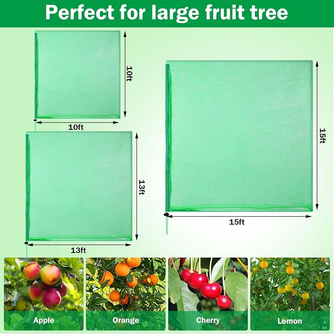 Fanfanwin 2 Packs 15 x 15 ft Large Fruit Tree Netting Bags with Zipper and Drawstring Squirrels Cicada Netting for Trees Insect Bird Plant Cover for Fruit Trees Net Protection