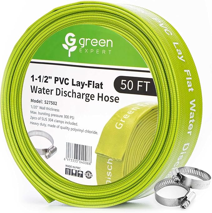 Green Expert 1-1/2" ID PVC Lay-flat Discharge Hose Heavy Duty for Pump Draining Pool Filter Backwash Garden Pond Flooded House Water Disposal, 50 Feet Length with Steel Clamp Kit