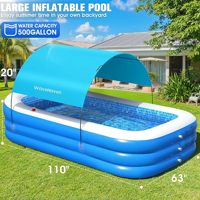 2026 Inflatable Pool with Canopy,Upgraded Blow Up Pool for Adults&Kids,Large Inflatable Pool with Seat and Big Backrest,Kiddie Pool with Shade,Kid Swimming Pool for Backyard 110"x63"x20"Cyan