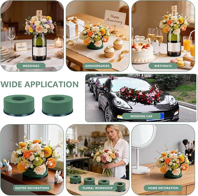 6 Pcs Mini Floral Foam Holder for Wine Bottle, Green Floral Foam Round with Plastic Base, Floral Arrangement Supplies for Wedding Party Table Wine Bottle Decor (6)