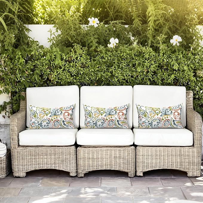 LVTXIII Outdoor/Indoor Lumbar Pillows, Decorative Patio Lumbar Cushions, Fluffy Water Repellent Garden Cushions for Home Patio Coach Sofa Use, 12×20 Inch, Pack of 2, Paisley Botanical