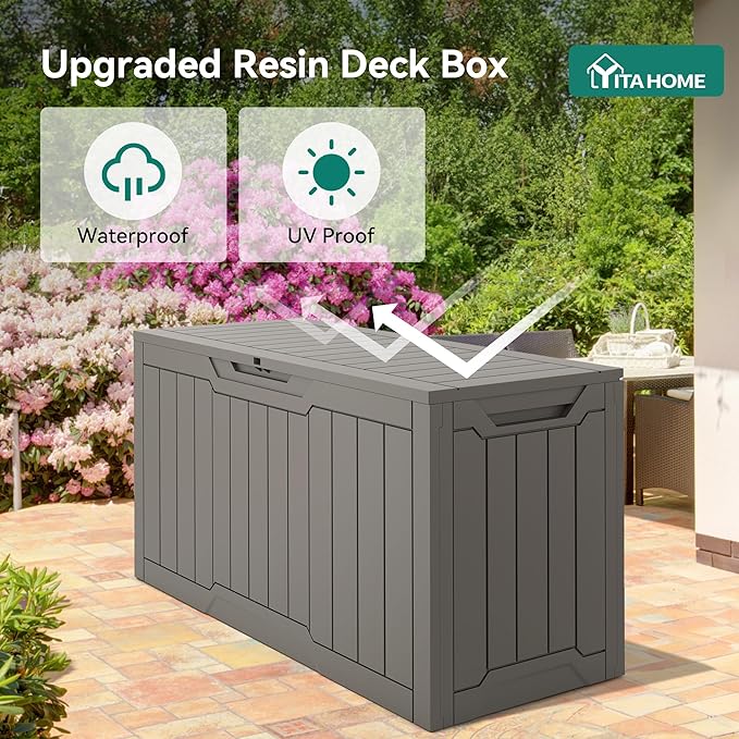 YITAHOME 80 Gallon Resin Deck Box, Outdoor Lockable Storage Box for Patio Furniture, Waterproof Patio Deck Box for Cushions, Pool Supplies, Sports Equipment and Garden Tools, Taupe