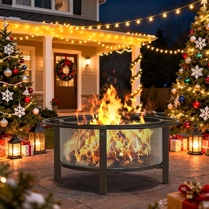 ONBRILL 2-in-1 36 Inch Fire Pit with Cooking Grill, Outdoor Wood Burning Firepit with Poker for BBQ, Bonfire, Picnic, Party, Round Metal Fire Pit for Outside, Backyard, Patio