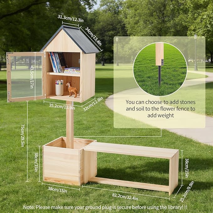 Wooden Little Library Box Outdoor with Bench & Planter Community Book Exchange Box Solid Pine Wood DIY Neighborhood Share Box Ground Mount Kit for Garden Decor, School