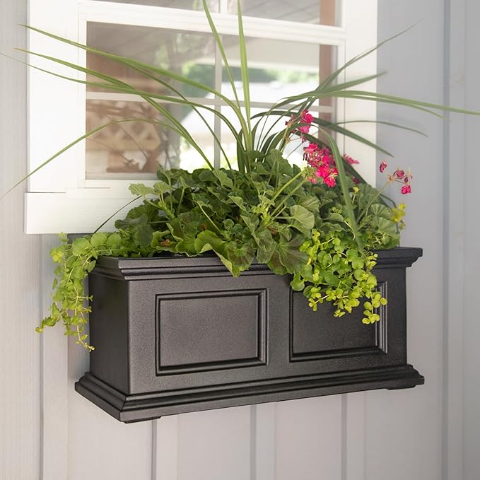 Mayne Fairfield 2ft Window Box, Self Watering Flower Box with Double Wall Design, All Season Fade Resistant Outdoor Window Planter with Steel Mounting Bracket, Black