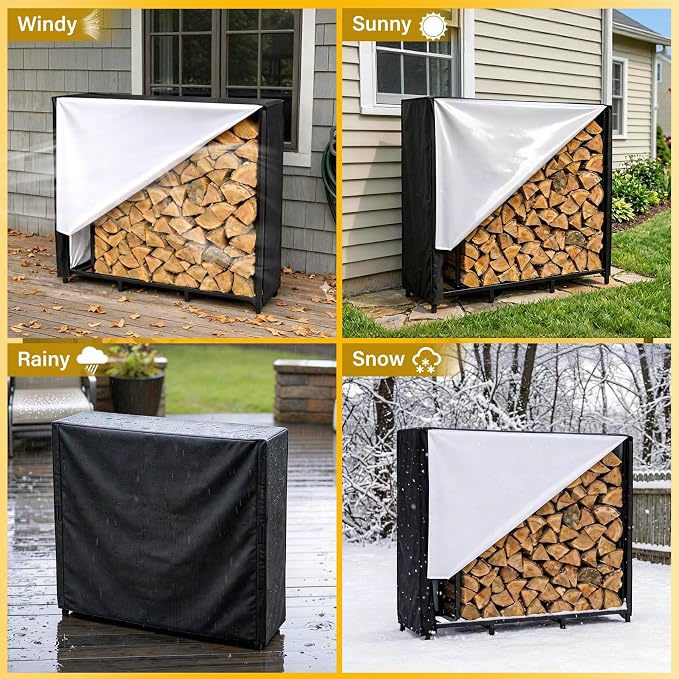 TC-HOMENY Log Rack with Cover Outdoor and Zipper, Waterproof Windproof Sun-Proof Fire Wood Storage Racks Indoor Outdoor Wood Racks for Fire Wood Holder