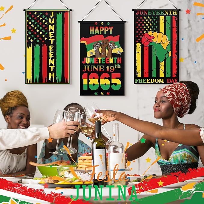 Tegeme 3 Pcs Happy Juneteenth Day Door Sign Flag African American Independence Day Door Hanging Banner Juneteenth Wall Decoration for Party Holiday Home Outdoor Indoor Decoration