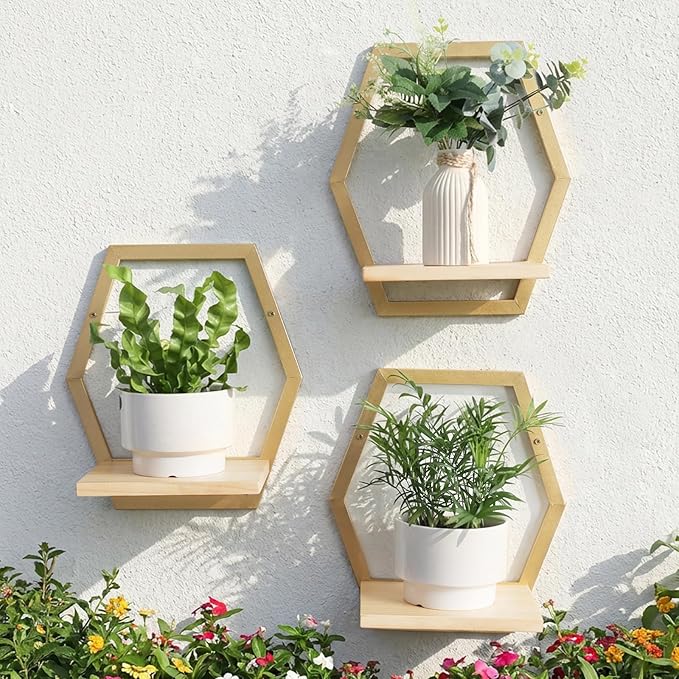 3 Pack Natural Wood & 25 LB Load Metal Wall Plant Holders, 9 inch Solid Wooden Shelf, Mid Century Hanging Planter for Indoor Plants Golden