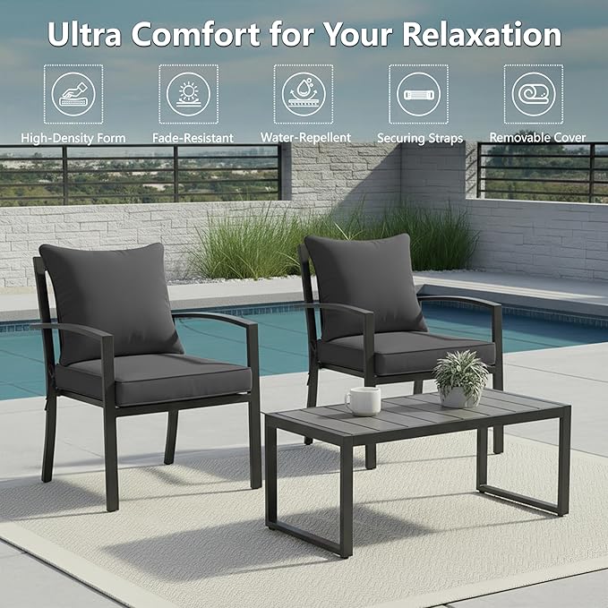 19x19 Inch Patio Chair Cushions Set of 2, Outdoor Furniture Cushions - Removable Cover, Water-Repellent, Fade-Resistant, Non-Slip Bottom & Straps, Replacement for Lawn, Porch & Deck Chair - Dark Grey
