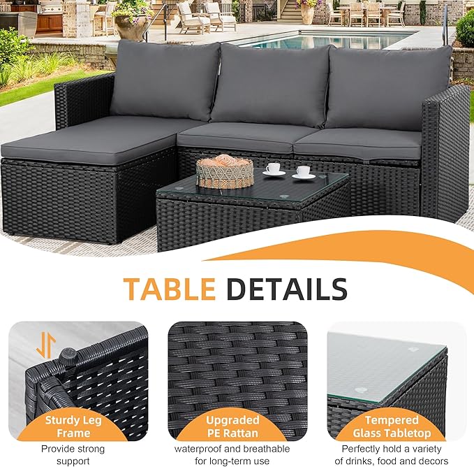 Shintenchi 4 Pieces Patio Furniture Sets, Outdoor Sofa Patio Sectional Sets All Weather, Wicker Rattan Seating Sofa Couch withwith Cushions & Coffee Table for Yard, Garden, Porch, Poolside (Gray)