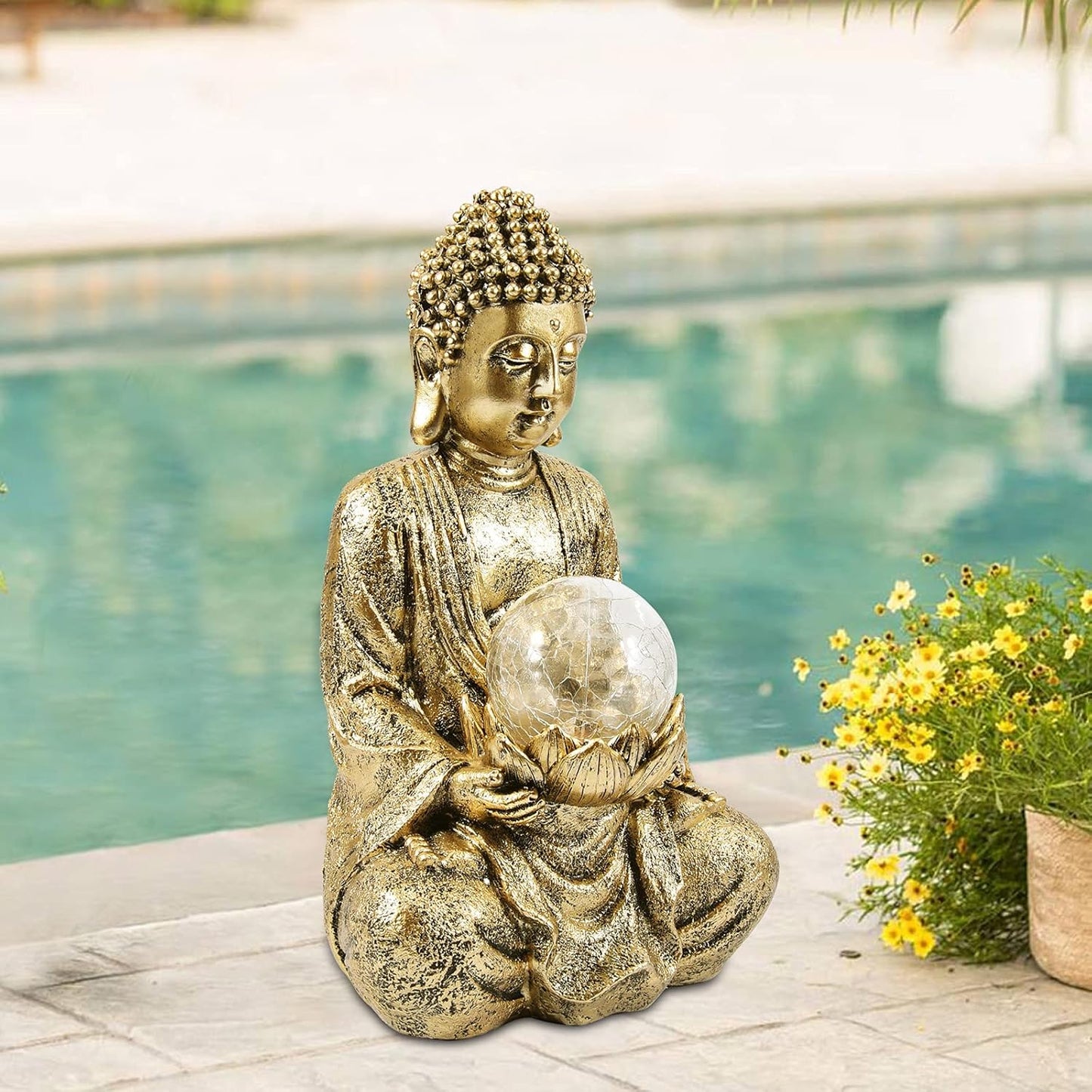 Nacome Meditating Buddha Statue with Solar Light,Zen Solar Garden Buddha with Cracked Glass Ball Sculpture-Indoor/Outdoor Decor for Balcony,Garden,Patio,Porch Yard Art Ornament,10.5 inch(Gold)
