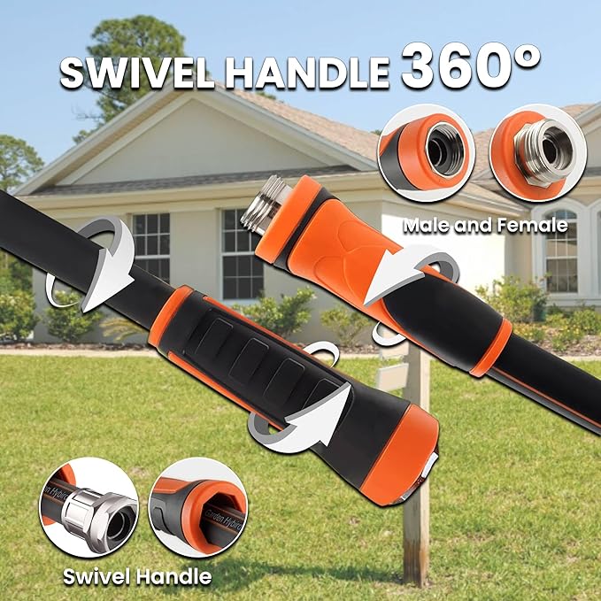 Giraffe Tools Garden Hose 5/8", Water Hose Heavy Duty, Flexible, Lightweight Hybrid Hose with Swivel Handle, with Hose Splitter, Nozzle and Yard Sprinkler, 50ft Male to Female Fittings, Burst 600 PSI
