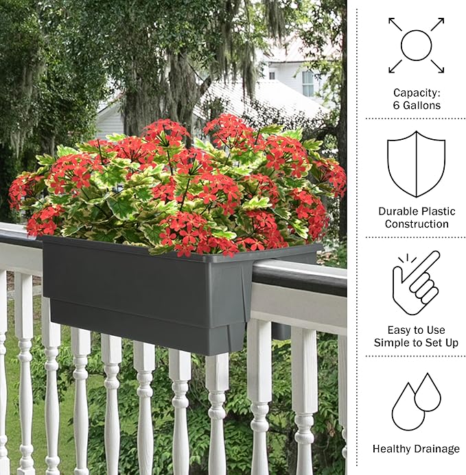 Railing Planter Box 2-Pack - 20.75-Inch Flower Boxes with Removable Drainage Inserts - 6-Gallon Outdoor Planters for Porch, Deck, or Balcony Decor, Fits Rail 3” - 4” by Pure Garden (Gray)