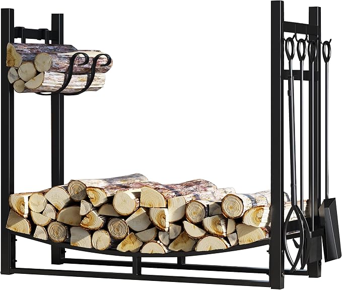 Fire Beauty Fireplace Log Rack with Kindling Holder and Firewood Storage - Includes 4 Tools (19.8")