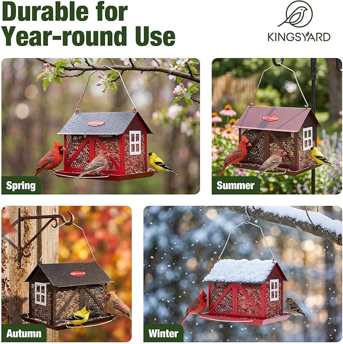 Kingsyard Metal Bird Feeder for Outdoors Hanging, 2-in-1 Wild Bird Feeder with Seed Tray & Built-in Perch, 5 lb Large Capacity for Cardinal Chickadee Finch, Red