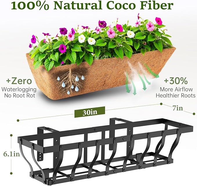 VOXOR Railing Planter Boxes, Heavy Duty Window Box Planters, Adjustable Balcony Planters for Railing Hanging, with Coco Liner for Deck, Porch, and Patio Gardening (3 Pack, 30 Inch)