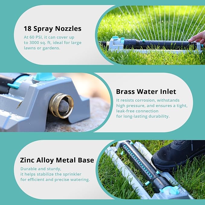 QUOBAS Heavy Duty Oscillating Sprinkler, 18-Hole Nozzle with Zinc Alloy Metal Base, Adjustable Flow Control & Spray Width, with Cleaning Pin, Garden, Yard