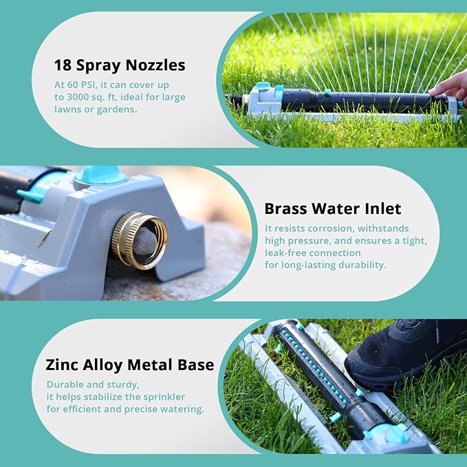 QUOBAS 2 Pack Heavy Duty Oscillating Sprinkler, 18-Hole Nozzle with Zinc Alloy Metal Base, Adjustable Flow Control & Spray Width, with Cleaning Pin, Garden, Yard