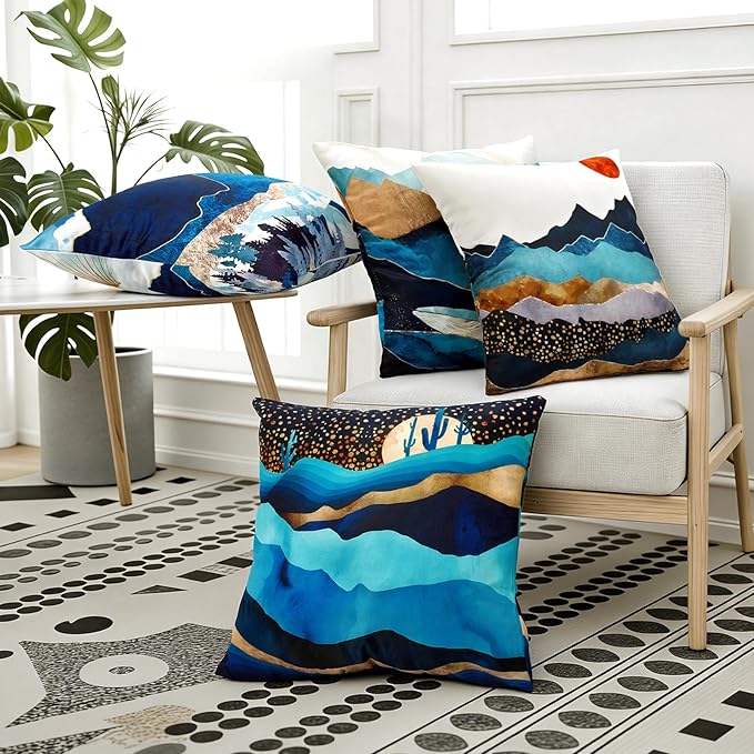 Premillow Outdoor Pillow Covers 18x18 Inch Set of 4, Sunset Blue Hill Decor Throw Pillow Covers Outside Waterproof Pillow for Patio Furniture Bench Chair Couch Sofa