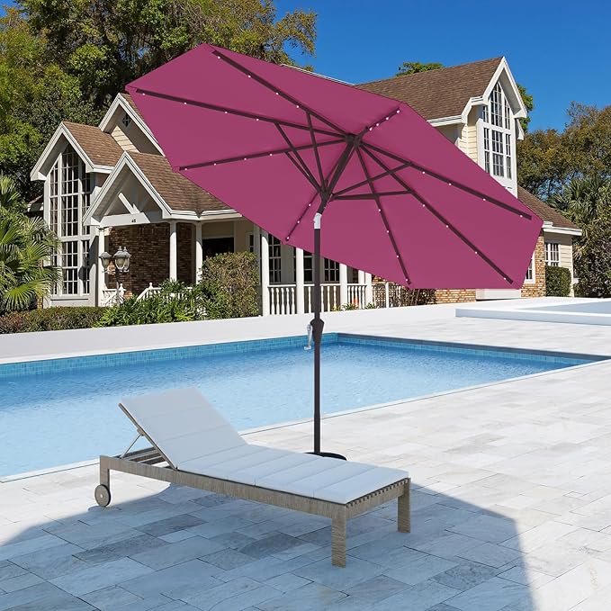 9FT Patio Umbrella with Solar Lights,Outdoor Market Umbrella with Tilt and Crank, LED Lighted Table Umbrella for Garden,Deck,Backyard,Pool,Beach