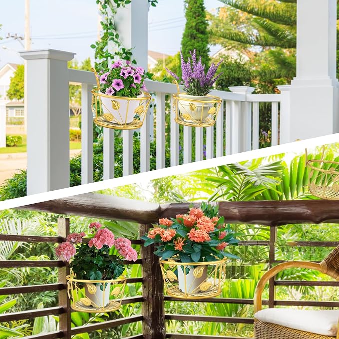 3 Pack Hanging Planter Holders, Golden | Heavy Duty Metal, For Balcony Railings, Indoor Outdoor Use, Deck Fence Garden Patio Porch