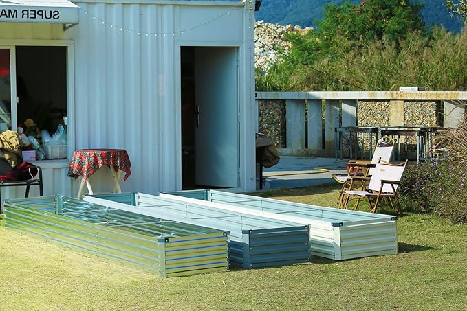 Meberam 2 Pack 12x2x1FT Galvanized Raised Garden Bed Kit, Outdoor Metal Planter Box for Vegetables, Bottomless Rectangular Gardening Bed with Support Rods, Tool-Free Assembly, Silver