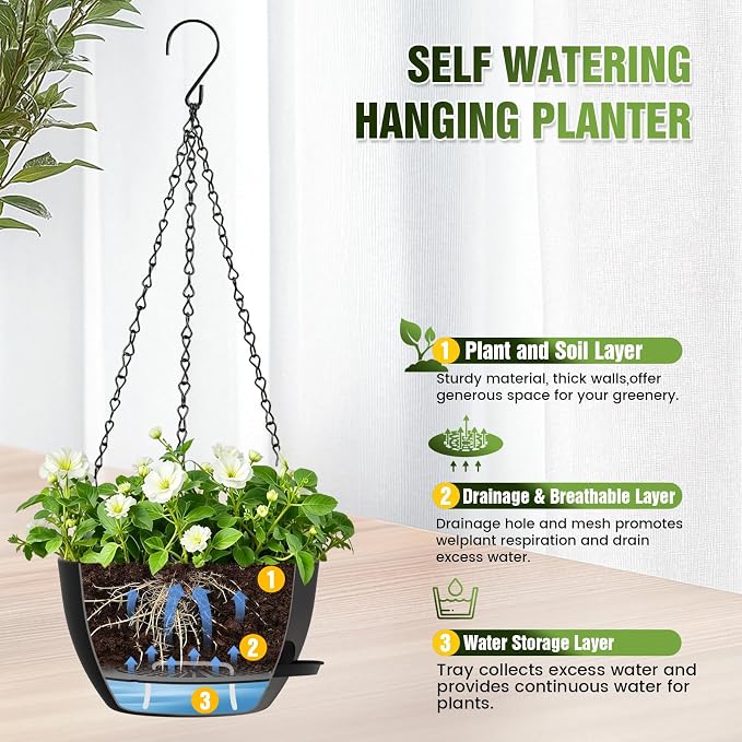 8 Inch Self Watering Hanging Planters, 3 Pack Plastic Plant Pots | Sturdy lightweight pot with side watering lip, drainage holes, snap-on detachable tray & hanging chain for easy care