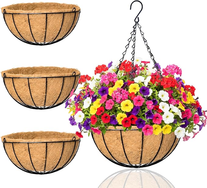 Hanging Planters for Outdoor Plants 4 Pack 14 inch Metal Hanging Flower Basket with Coco Coir Liner Wire Plant Holder Watering Flower Baskets Pot Hanger Garden Decoration for Indoor Outdoor(XGL)