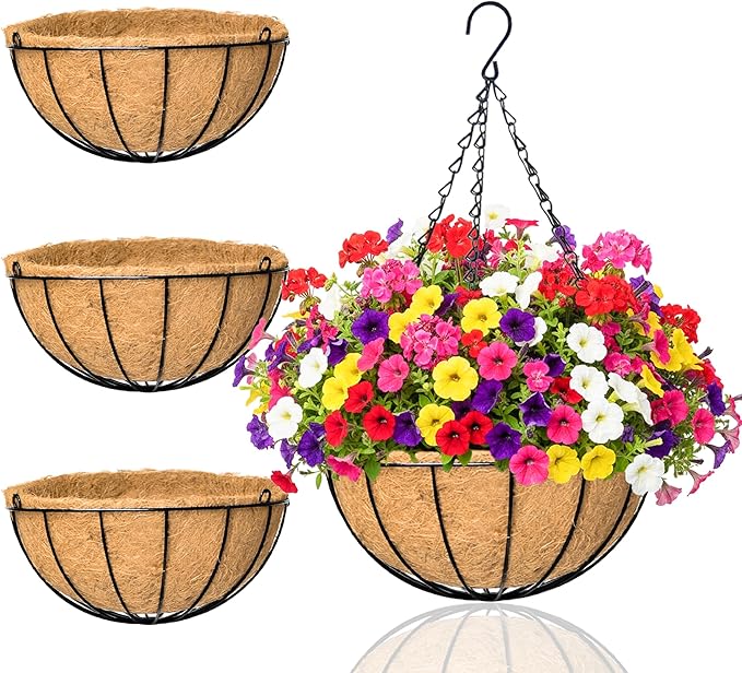 Hanging Planters for Outdoor Plants 4 Pack 12 inch Metal Hanging Flower Basket with Coco Coir Liner Wire Plant Holder Watering Flower Baskets Pot Hanger Garden Decoration for Indoor Outdoor(XGL)
