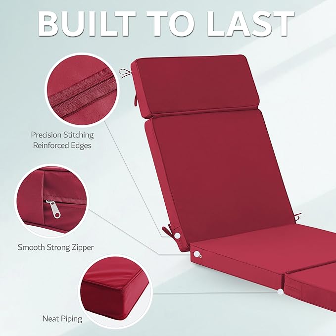 80 x 26 Inch Outdoor Chaise Lounge Cushions Set of 2 - Removable Cover, 4-Section Design, Water-Repellent & Fade-Resistant, 6 Tie Straps, Replacement for Patio & Pool Chairs - Burgundy