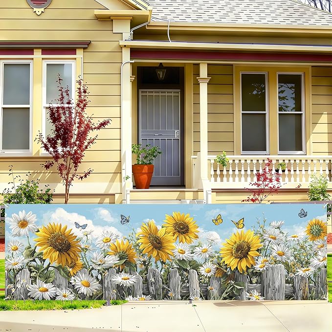 Sunflower Spring Fence Banner 118 x 35 Inch, Large Waterproof Outdoor Floral Banner with Sunflowers, Daisies & Butterflies for Yard Garden Porch Fence Decorations