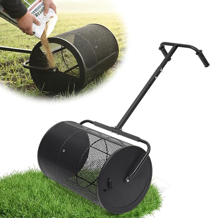 Compost Spreader 24in Peat Moss Spreader - U Shaped Comfortable Handle & Adjustable Height Powder-Coated Metal Mesh Hand Fertilizer Spreader for Garden Yard Lawn Care (Matte Black)