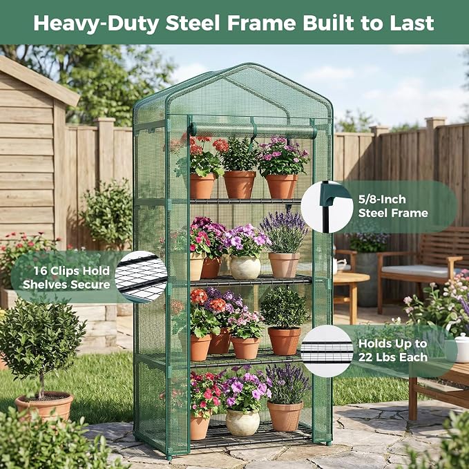 OLIXIS Mini Greenhouse with Durable PE Cover Roll-up Zipper Door, 27"×19"×63" 4 Tier, Small Greenhouse for Outdoors Indoor Balcony, Porch, Garden, Patio, Backyard Green Houses, Green
