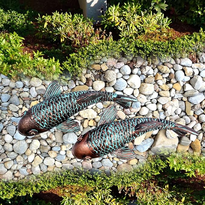 Garden Sculptures & Statues,Koi Fish Decor,Garden Fish Art,Set of 2 Antique Koi Fish Yard Art Decor for Outdoors,Patio,Yard,Lawn,Pond,Home Decoration (Bronz)