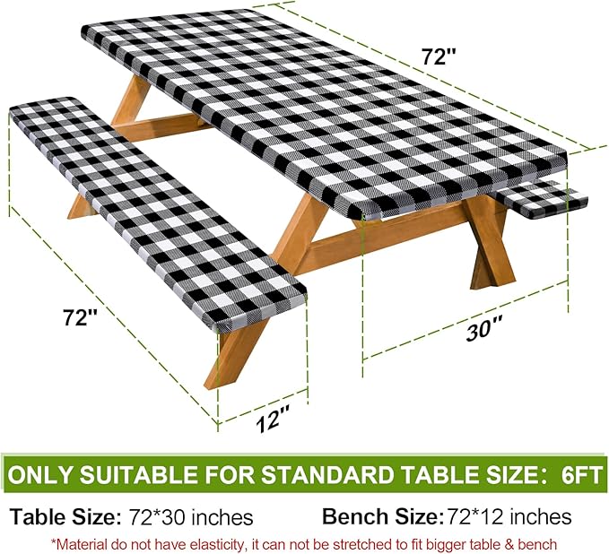 Play Tailor Picnic Table Cover with Bench Covers Camping Essentials Waterproof Windproof Camping Tablecloth with Drawstring Bag, Fitted Rectangle Tables and Seats, 72in, White Black Checkered