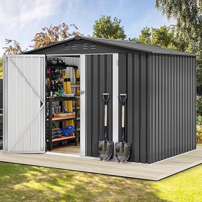 DWVO 7x5FT Outdoor Storage Shelter, Roomy Steel Tool Shed with Secure Entrances & Air Circulation for Patio, Lawn, and Backyard, Ideal for Storing Garden Gear, Lawn Tools, and Bikes, Dark Gray
